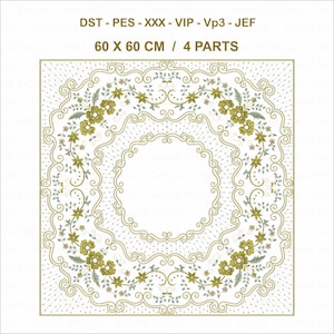 May include: A square, floral design with a central circular pattern. The design features olive green flowers, light green leaves, and delicate swirls on a white background. The text "60 x 60 CM / 4 PARTS" is displayed at the top.