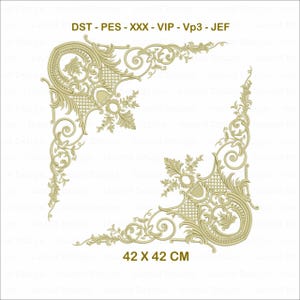 May include: Two ornate, gold-colored corner designs with scrolling floral and leaf patterns. The text "DST - PES - XXX - VIP - Vp3 - JEF" is at the top. The dimensions are 42 x 42 cm, approximately 16.5 x 16.5 inches.