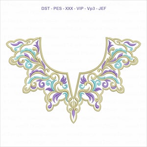May include: An embroidered collar design with a beige outline and teal and purple floral patterns. The design includes the text "DST - PES - XXX - VIP - Vp3 - JEF". This decorative element is suitable for apparel and craft projects.