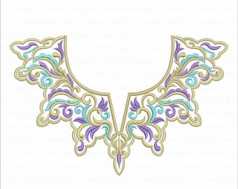 Disegno di ricamo per colletto/giogo con volute multicolori