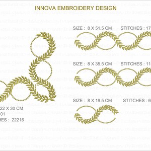 May include: Gold embroidery designs featuring laurel wreath and circle patterns. The image includes multiple sizes, with the largest design measuring 22 x 30 cm. The text "INNOVA EMBROIDERY DESIGN" is at the top.
