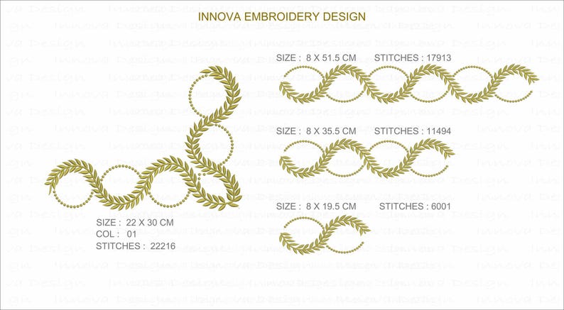 May include: Gold embroidery designs featuring laurel wreath and circle patterns. The image includes multiple sizes, with the largest design measuring 22 x 30 cm. The text "INNOVA EMBROIDERY DESIGN" is at the top.