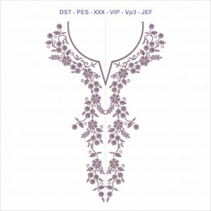 Puede incluir: Diseño de bordado detallado con un patrón floral en tonos morados. El diseño incluye un escote y una disposición floral en cascada. El texto "DST - PES - XXX - VIP - Vp3 - JEF" está en la parte superior.