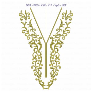 Könnte beinhalten: Goldfarbenes, gesticktes Ausschnittdesign mit V-Ausschnitt. Das Design weist komplizierte Blumen- und Scrollmuster auf. Der Text "DST - PES - XXX - VIP - Vp3 - JEF" befindet sich oben im Bild. Geeignet für Bekleidung und Bastelprojekte.