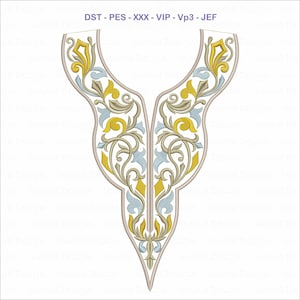 Könnte beinhalten: Ein gesticktes Ausschnittdesign mit einem symmetrischen Blumenmuster in Gelb, Hellblau und Beige. Das Design ist beige umrandet und enthält den Text "DST - PES - XXX - VIP - Vp3 - JEF".