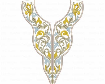 Disegno di ricamo con scollo a V e motivo a volute