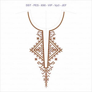 Könnte beinhalten: Ein braunes Stickdesign mit einem Halsausschnitt und einem geometrischen Muster. Das Design enthält den Text "DST - PES - XXX - VIP - Vp3 - JEF". Die Stickerei befindet sich auf weißem Hintergrund.
