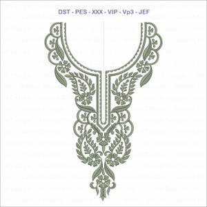 Peut inclure: Un motif de col floral brodé en nuances de vert. Le motif présente des motifs complexes de feuilles et de fleurs, avec un bord festonné le long de l'encolure. Le texte "DST - PES - XXX - VIP - Vp3 - JEF" est en haut.