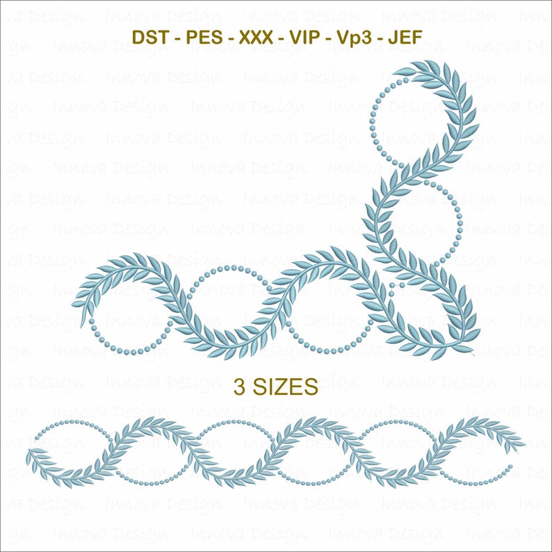 May include: A digital embroidery design with a corner and border pattern. The design features light blue leaves and circles with small bead-like details. The text at the top reads "DST - PES - XXX - VIP - Vp3 - JEF" and "3 SIZES" is written below.