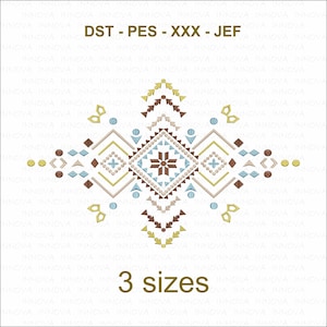 May include: Geometric embroidery design in shades of brown, tan, blue, and yellow. The design features a central diamond shape with a starburst pattern, surrounded by geometric shapes. Text at the top reads "DST - PES - XXX - JEF" and at the bottom "3 sizes".