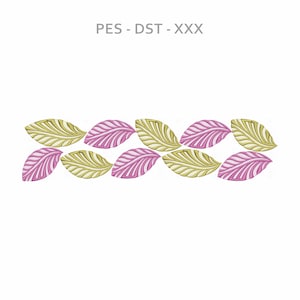 May include: A repeating pattern of stylized leaves in alternating colors of light green and pink. The leaves are arranged in a horizontal row against a white background. The text "PES - DST - XXX" is at the top.