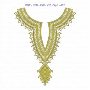 May include: A detailed, gold-colored embroidery design for a neckline, featuring intricate patterns and a geometric pendant at the bottom. The design includes the text "DST - PES - XXX - VIP - Vp3 - JEF".