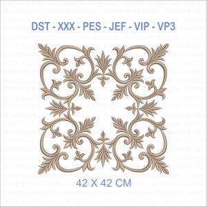 Diseño de bordado de pergamino de hojas vintage – Archivo digital (DST) / 42 x 42 cm
