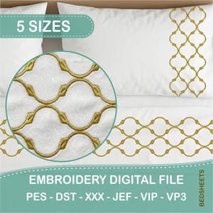 May include: White bedsheets with gold embroidery. The design features a repeating geometric pattern along the edges and on a pillowcase. The image includes the text "5 SIZES" and "EMBROIDERY DIGITAL FILE".