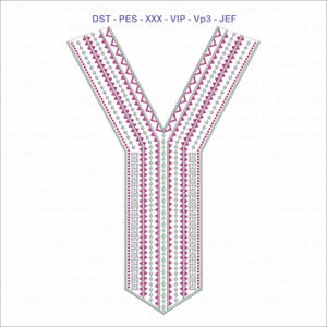 May include: A digital embroidery design featuring a V-neck collar with a geometric pattern. The design incorporates pink, gray, and white colors, with the text "DST - PES - XXX - VIP - Vp3 - JEF" at the top.