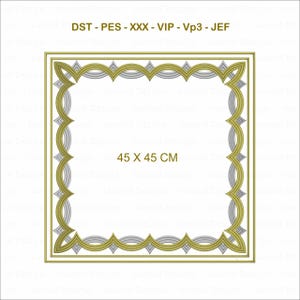 May include: A square, decorative frame with a gold and silver design. The frame measures 17.7 x 17.7 inches. The text "DST - PES - XXX - VIP - Vp3 - JEF" is at the top. The dimensions are 45 x 45 CM.