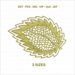 May include: A detailed, golden-yellow leaf design with intricate vein patterns and a textured outline. The image includes the text "2 SIZES" at the bottom and various file format abbreviations at the top. This design is suitable for embroidery or digital art projects.