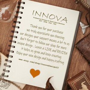 May include: A notebook with a spiral binding, featuring the text "INNOVA" and details about embroidery machine designs. The page includes a thank you message, an orange heart, and an Etsy shop URL.