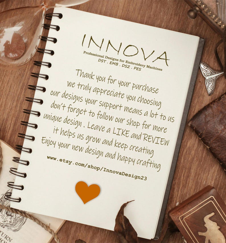 May include: A notebook with a spiral binding, featuring the text "INNOVA" and details about embroidery machine designs. The page includes a thank you message, an orange heart, and an Etsy shop URL.