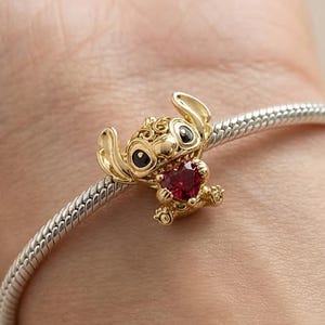 Stitch Inspired Heart Charm 14k Gold Plated, Cute Alien Bead, Ohana Love Jewelry Pendant, Birthday Gift Idea