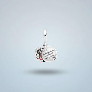 A silver charm pendant with a design of a black and red pattern, and the text "Family means no one gets left behind" engraved on it.