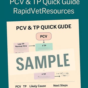 Op de afbeelding: Een veterinaire gids getiteld "VET ER GUIDE" met de ondertitel "PCV & TP Quick Guide" door RapidVetResources. De gids bevat een stroomdiagram met het woord "SAMPLE" en een tabel met de titels "PCV", "TP", "Likely Cause" en "Next Steps".