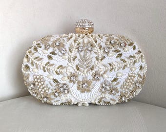 Ivory Gold Embroidered Clutch | Pearl & Sequin Beaded Bridal Bag | Wedding Party Purse with Crystal Clasp