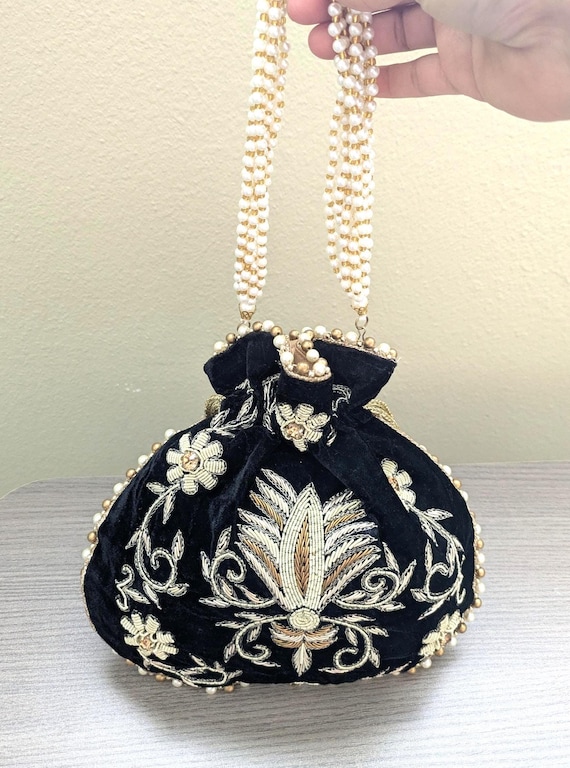 Black Handmade Embroidered Potli Bag with Zardozi Detailing work