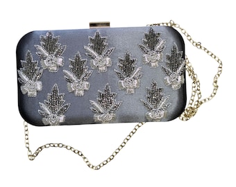 Embroidered Gray Gold Leaf Evening Clutch