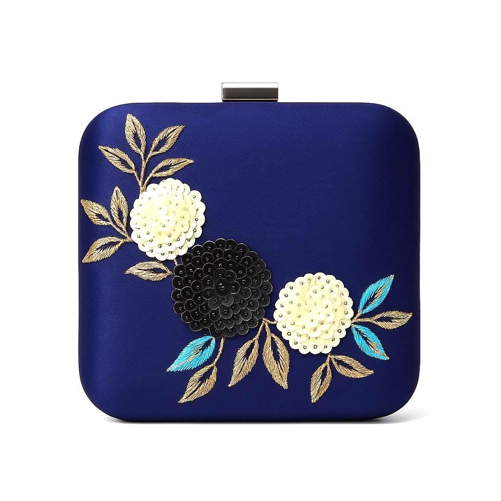 Navy Blue Embroidered Clutch | Handmade Floral Evening Purse | Sequin Beaded Party Bag