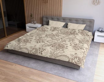 Vintage Blumen Mikrofaser Bettbezug | Neutrales Beige Paisley-Muster