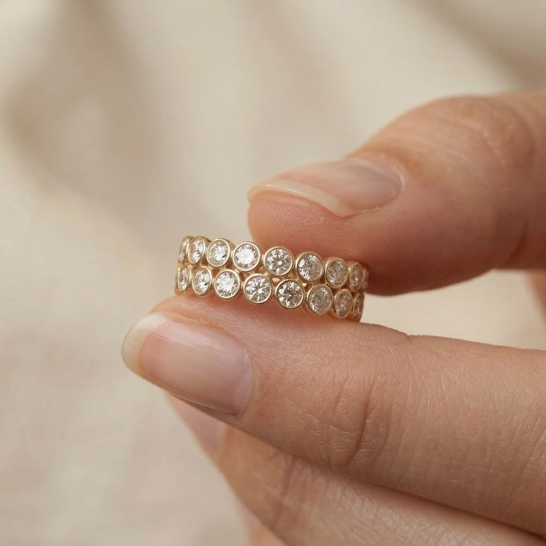 Solid 14K Gold Bezel Set Lab Grown Diamond Eternity Band | Dainty Two ...