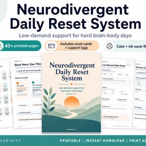 Puede incluir: Un kit imprimible Neurodivergent Daily Reset System con más de 40 páginas, tarjetas de reinicio y etiquetas de apoyo. La portada muestra un paisaje de atardecer con colinas y una planta. Las páginas incluyen listas de control.