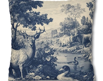 French Toile Forest Pillow: Woodland Animal Print, Cottagecore Style