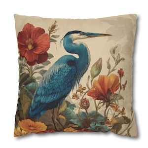 Vintage Blauer Reiher Kissen - Florales Vogelkissen, Naturinspirierter gewebter Bezug, botanisches Kissen, Cottagecore Kissen für Wohnkultur