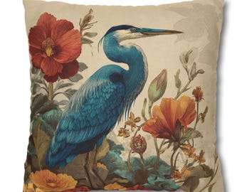 Vintage Blauer Reiher Kissenbezug: Dekokissen mit Blumenmuster, Cottagecore Wohndeko