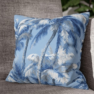 Soft Blue Palm Pillow Cover – Watercolor Coastal Cushion, Blue & White Tropical Print, Square Woven Pillow for Beach Decor, Beach Boho Print