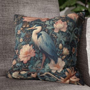 Watercolor Blue Heron William Morris Pillow – Pastel Floral Cushion, Nature-Inspired Square Woven Pillow for Cottage Decor, Coastal Bird