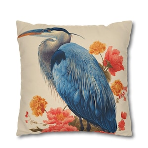Blauer Reiher Kissenbezug - Vintage Blumenvogelillustration, naturinspiriertes gewebtes Kissen, dekorativer Reiherkissenbezug