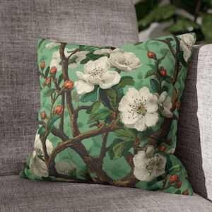 Light Green Blackthorn Pillow – William Morris Floral Cushion, Vintage Botanical Outdoor Decor, Garden Floral Square Pillow, Nature Throw
