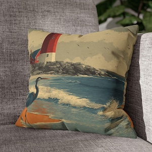 Coastal Heron Lighthouse Pillow – Beach Bird Art Cushion, Nautical Shoreline Decor, Ocean Woven Pillow, Seaside Outdoor Throw, Blue Bird