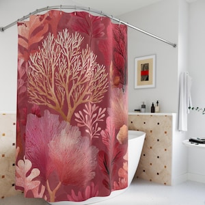 Pink Coral Tropical Shower Curtain: Coastal Boho Bathroom Decor
