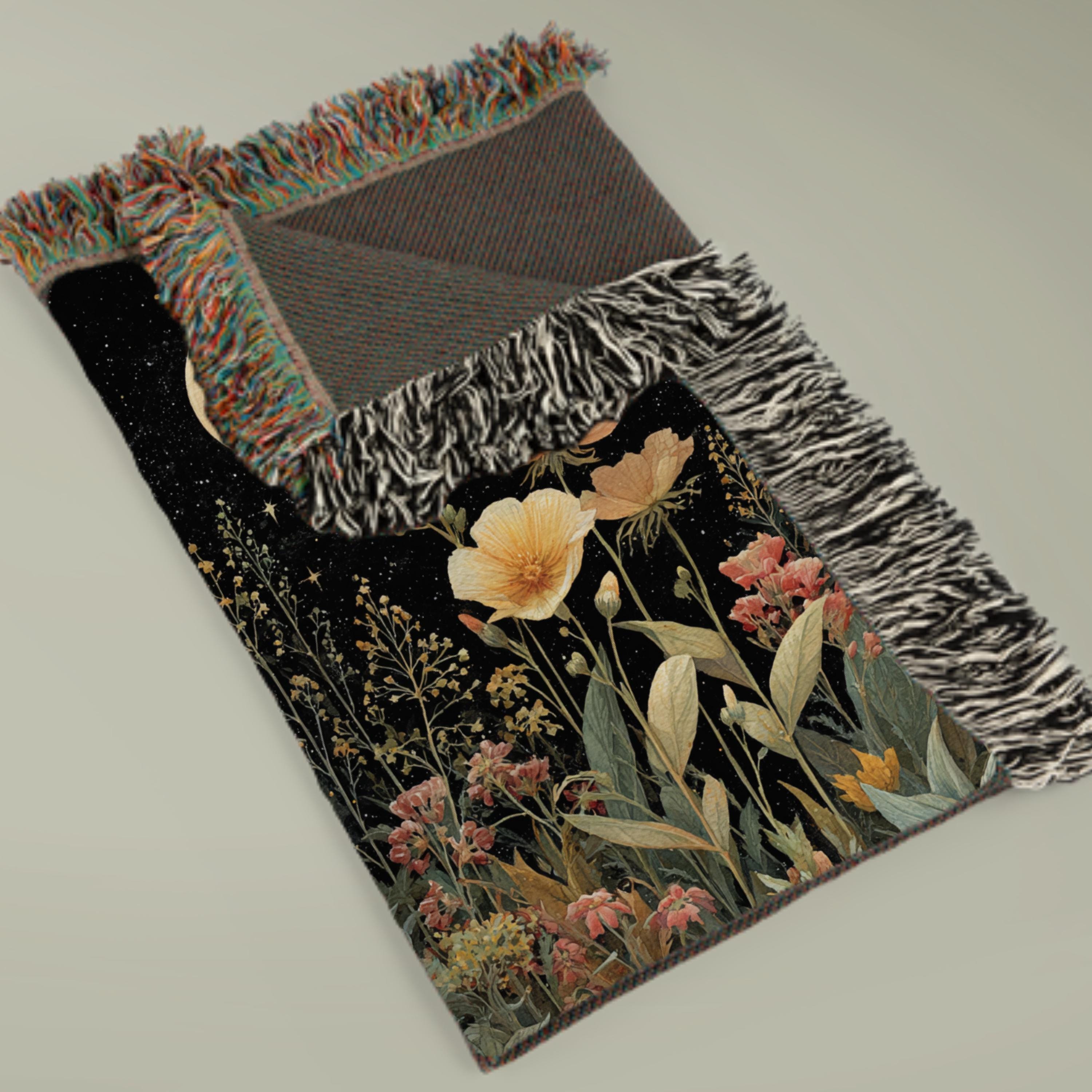 Triple Moon Woven Blanket – Gothic Floral Watercolor Tapestry
