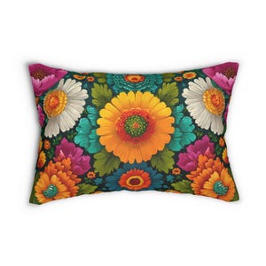 Bright Yellow Orange Flower Lumbar Pillow – Colorful Retro Summer Cushion, Groovy Floral Pattern, Boho Sofa Decor, Hippie Home Decor