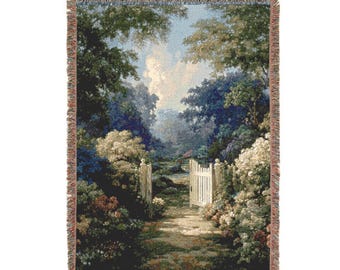 Manta tejida con diseño de puerta de jardín de toile azul / Tapiz vintage