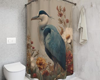 Blue Heron Shower Curtain: Cottagecore Floral Botanical Bath Decor