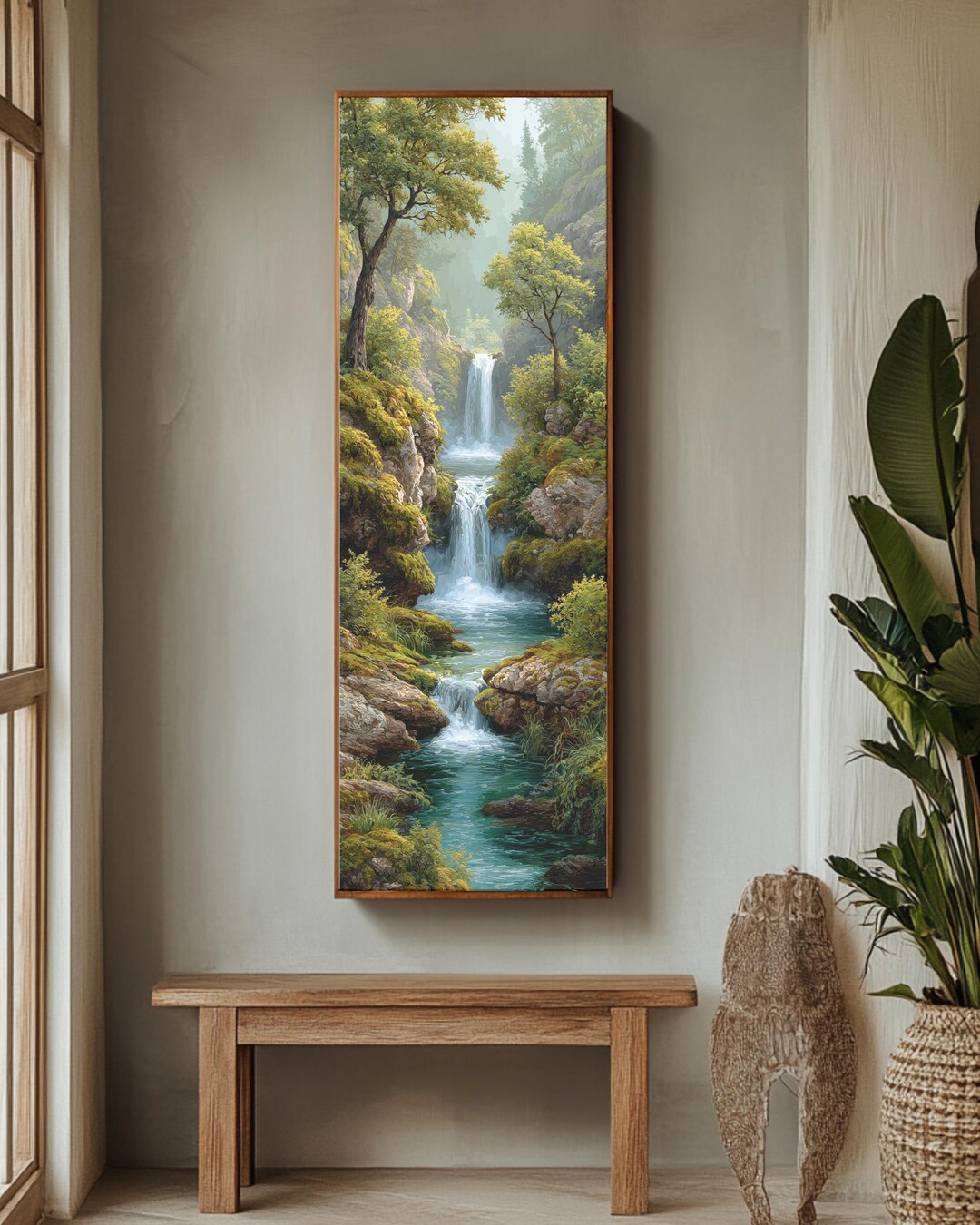 Waterfall Landscape Wall Art | Serene Forest Nature Painting Print With ...