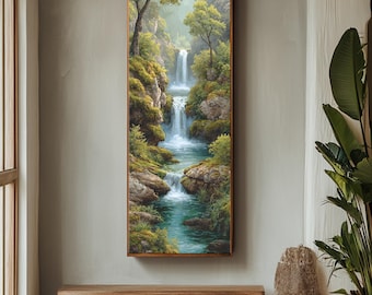 Waterfall Landscape Wall Art | Serene Forest Nature Painting Print with Flowing River, Green Trees & Mountain Scenery | Poster Canvas