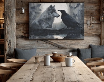 Wolf and Crow Dark Fantasy Wall Art | Moonlit Gothic Wildlife Poster