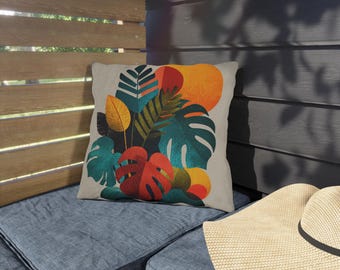 Blågrönt och orange tropiskt örngott: Modern abstrakt växtdesign